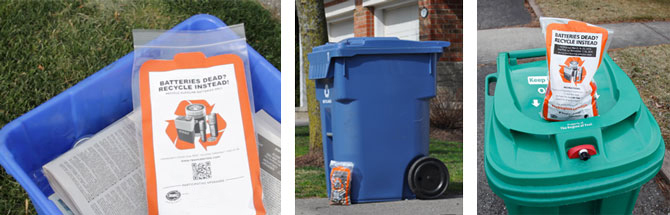 Depending on where are person lives, there may be different setout instructions. This picture shows options for setting out recycling bags along with green carts, blue carts and blue recycling boxes.