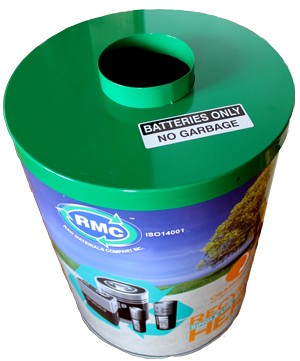 A picture of a battery recycling container from Raw Materials Company of Port Colborne Ontario.