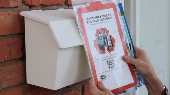 Picture of a battery recycling bag that was mailed to a person's home so that they could participate in a free program to recycle household batteries at the curb during special collection periods.