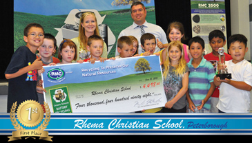 Rhema Christian School of Peterborough County, Ontario poses with a cheque after they won the 2014/2015 Ontario Schools Battery Recycling Challenge