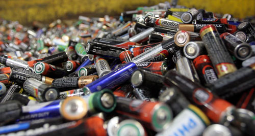 Alkaline batteries wait to be processed at Raw Materials Company in Port Colborne, Ontario