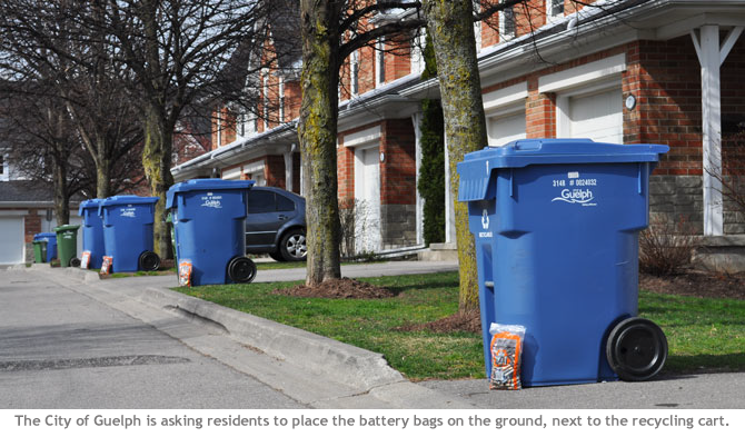 The City of Guelph asks residents to recycle their single-use batteries in a bag placed beside the blue cart during the collection week. 