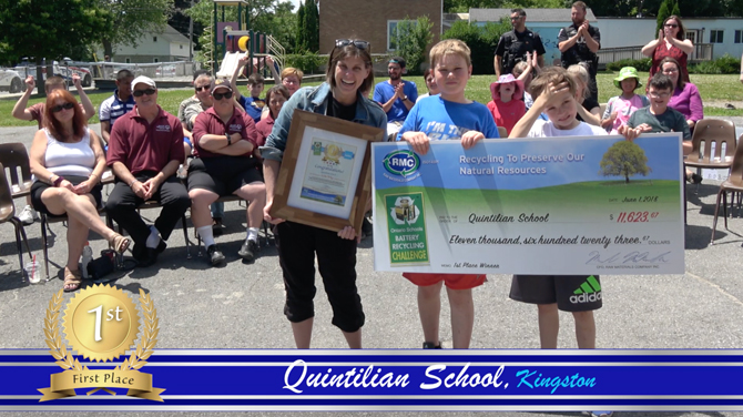 Students and teachers at Quintilian School in Kingston are recognized for placing first in the Ontario Schools Battery Recycling Challenge!