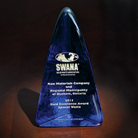 Picture of the SWANA Gold Award for Special Waste Management awarded to Raw Materials Company of Port Colborne Ontario for its battery recycling technology. 