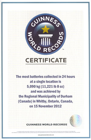 Guiness World Record certificate for most batteries recycled in a 24 hour period