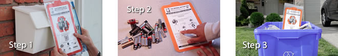 A picture should three steps to setting out batteries for recycling.